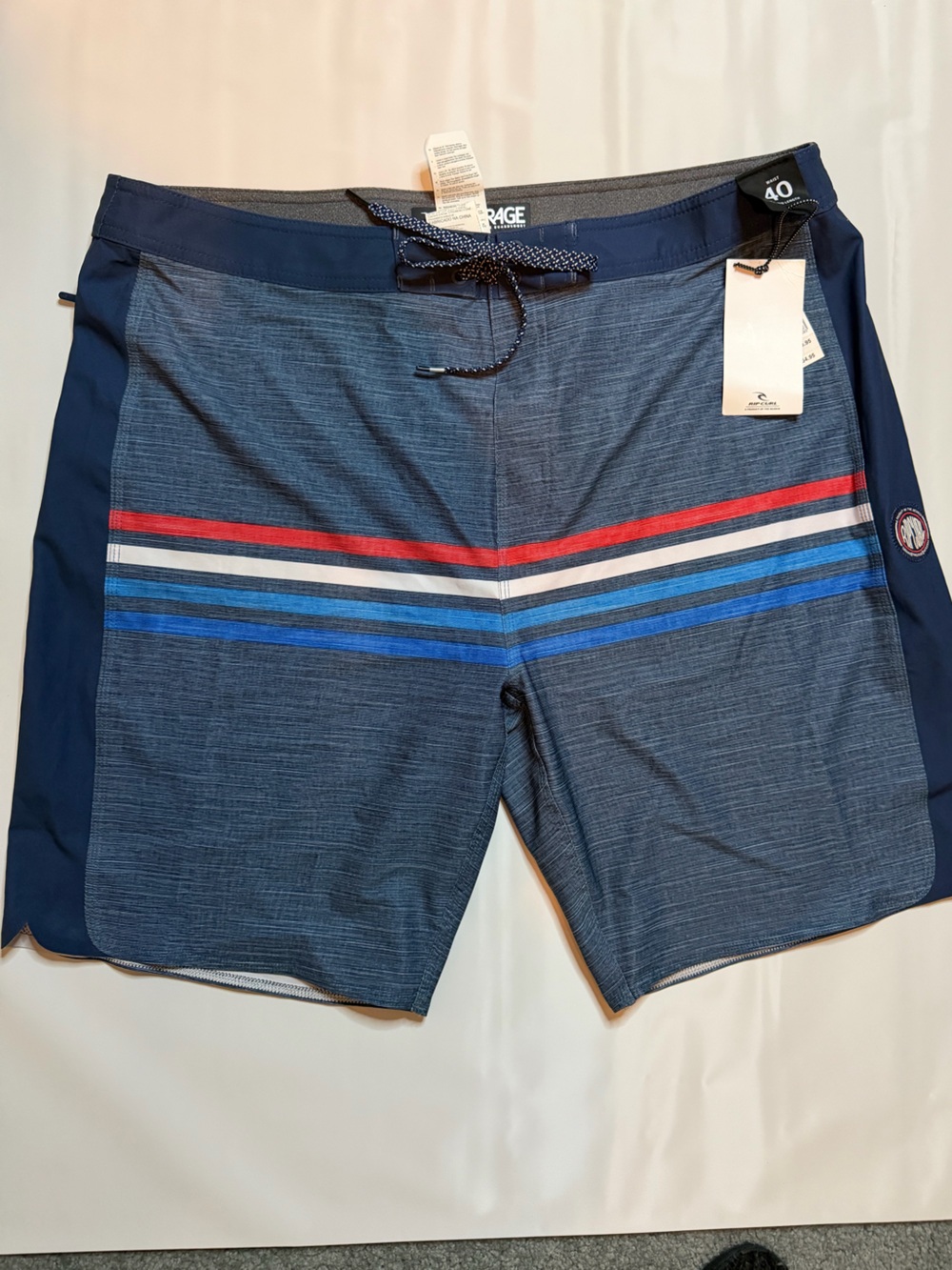 NEW Rip Curl Navy Swim Board Shorts with Blue, White & Red Stripes Size 40